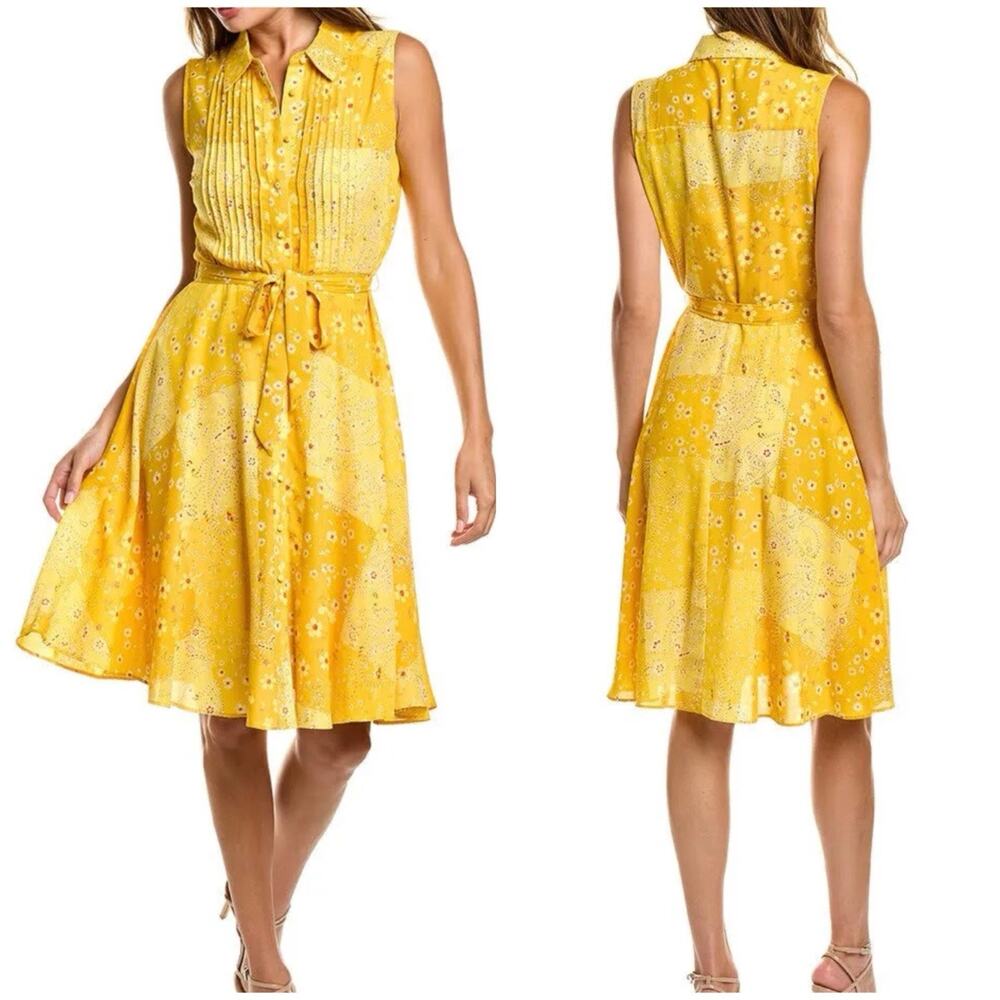 NWT Nanette Lepore Collared Pleated Front Tie Waist Multi Print A-Line Dress 8